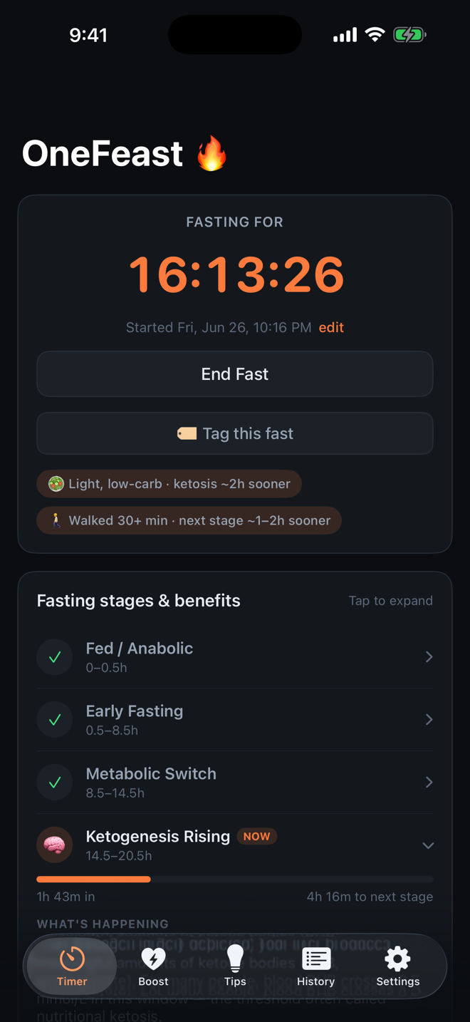 OneFeast fasting timer showing a 16-hour fast in Ketogenesis Rising